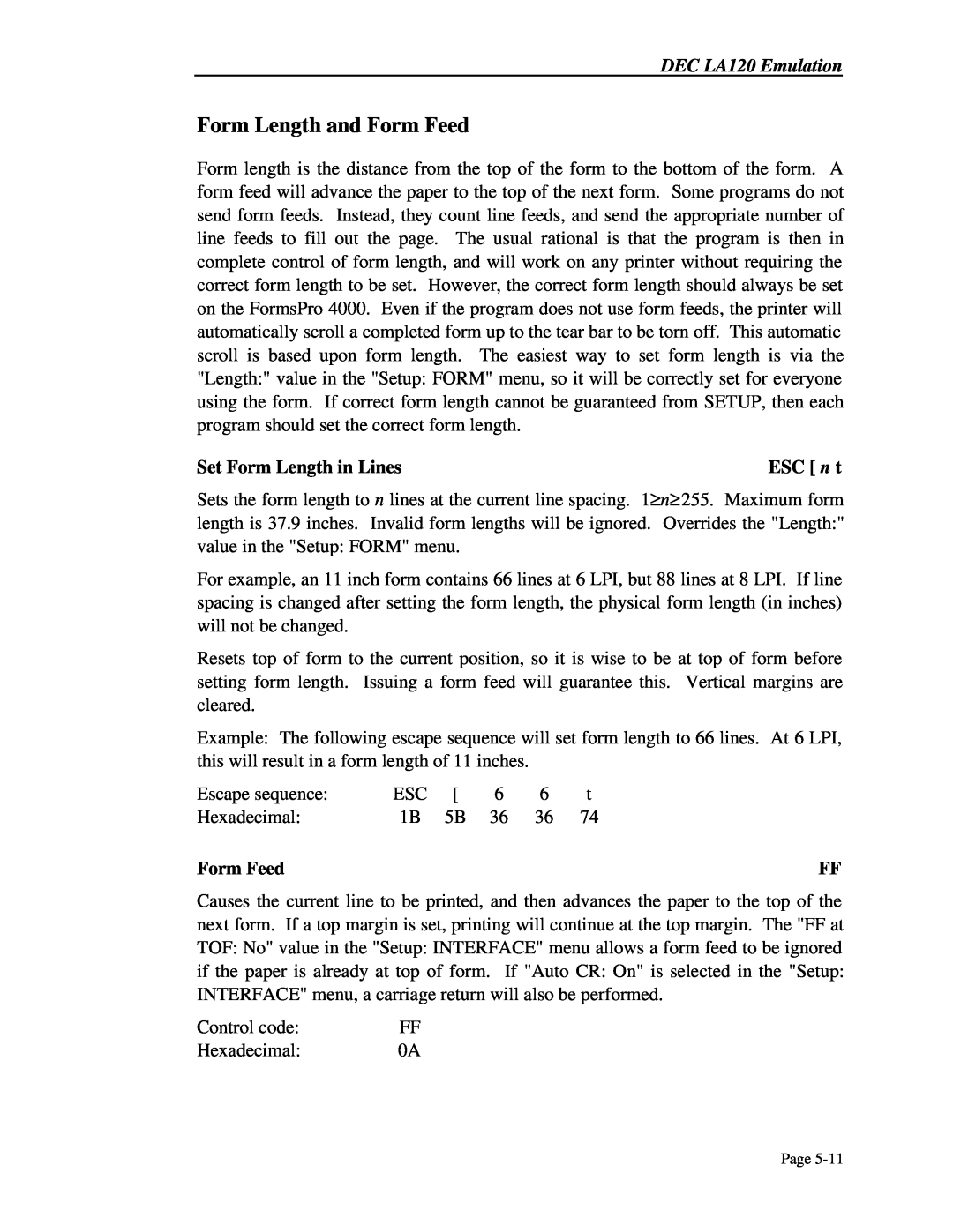 Printek 4500, 4503, 4300 manual Form Length and Form Feed, Set Form Length in Lines, ESC n t 