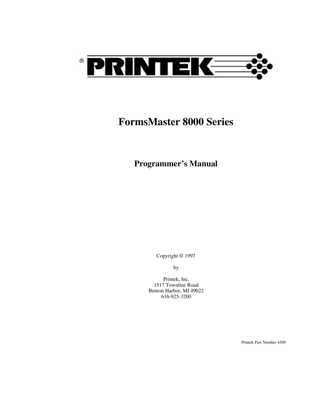 Printek manual FormsMaster 8000 Series, Programmer’s Manual 