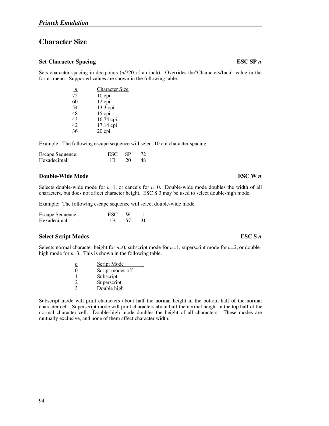 Printek 8000 manual Double-Wide Mode ESC W n, Select Script Modes, ESC SP n 