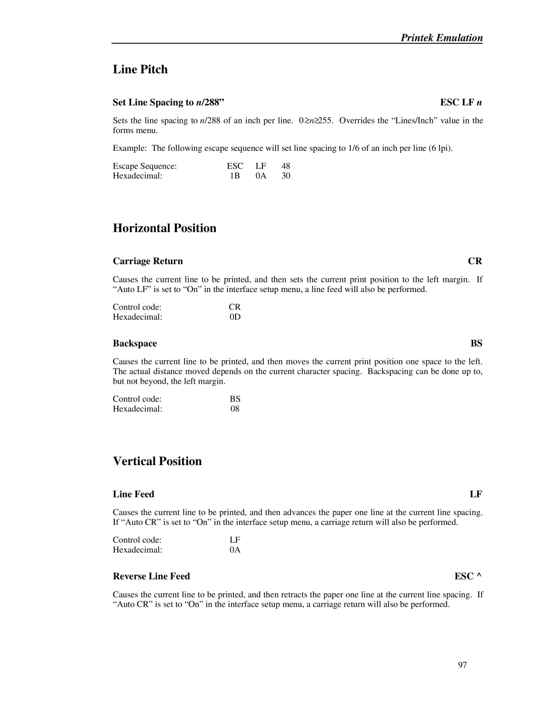 Printek 8000 manual Set Line Spacing to n/288, Reverse Line Feed, ESC LF n 