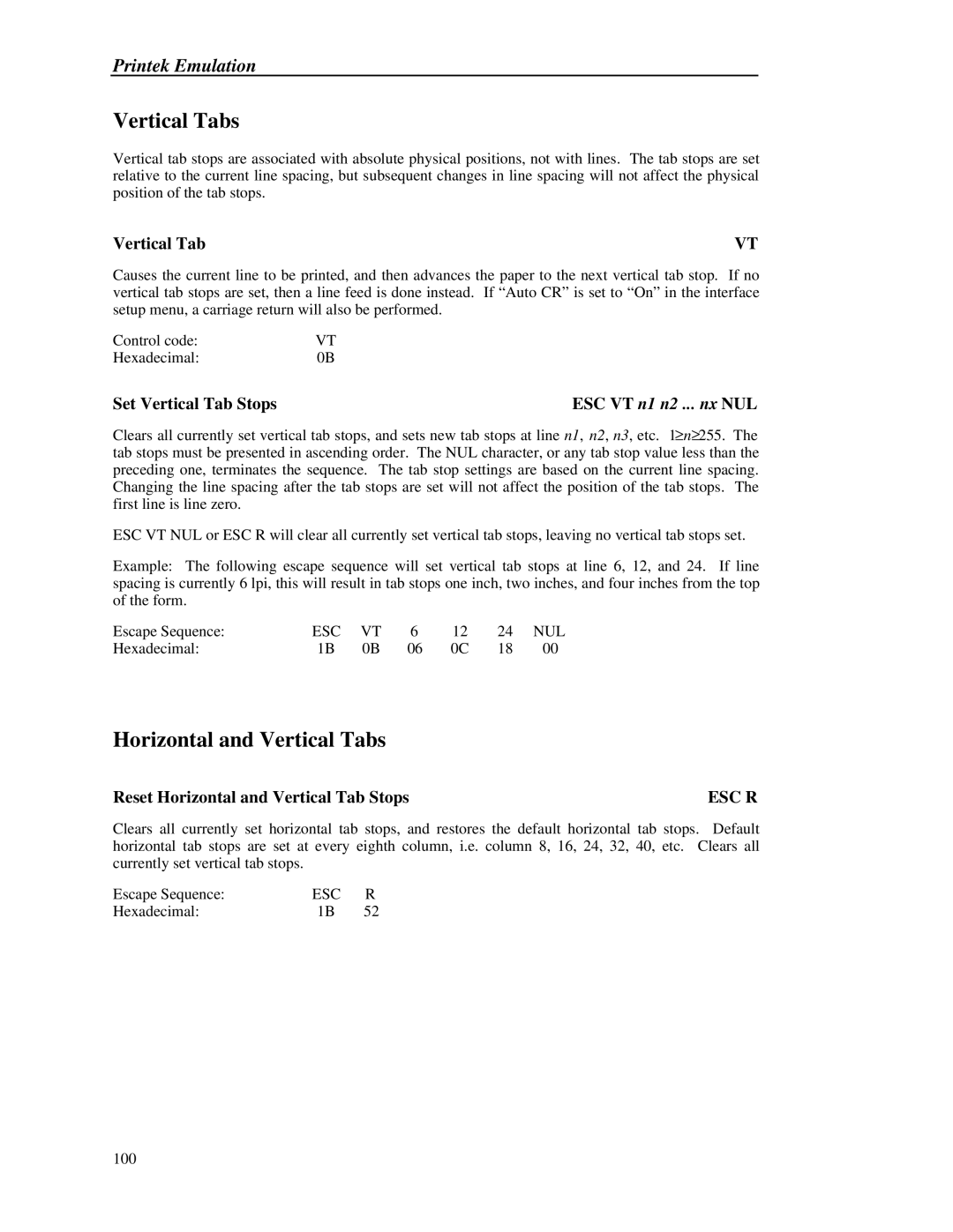 Printek 8000 manual ESC VT n1 n2 ... nx NUL 