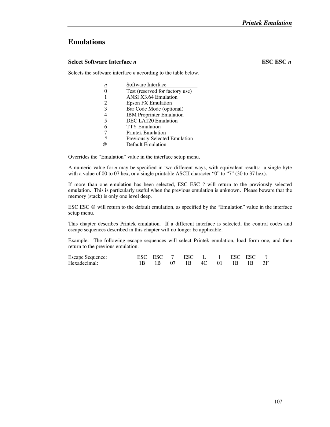 Printek 8000 manual Hexadecimal 107 