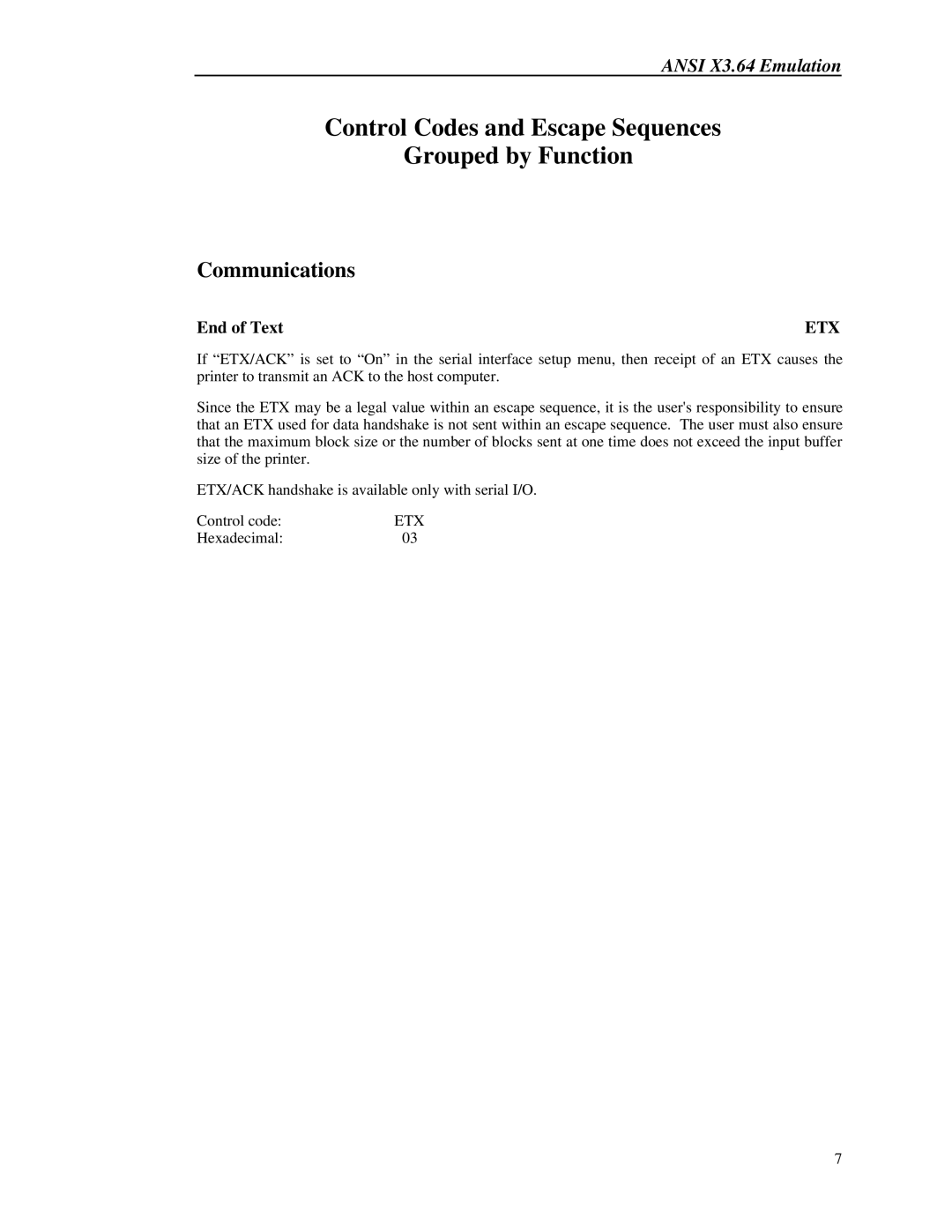 Printek 8000 manual Control Codes and Escape Sequences Grouped by Function, Communications, End of Text 
