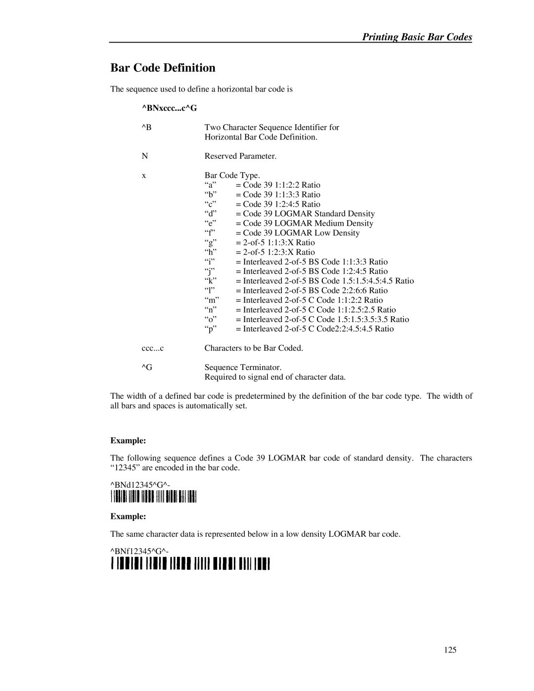 Printek 8000 manual Bar Code Definition, BNxccc 