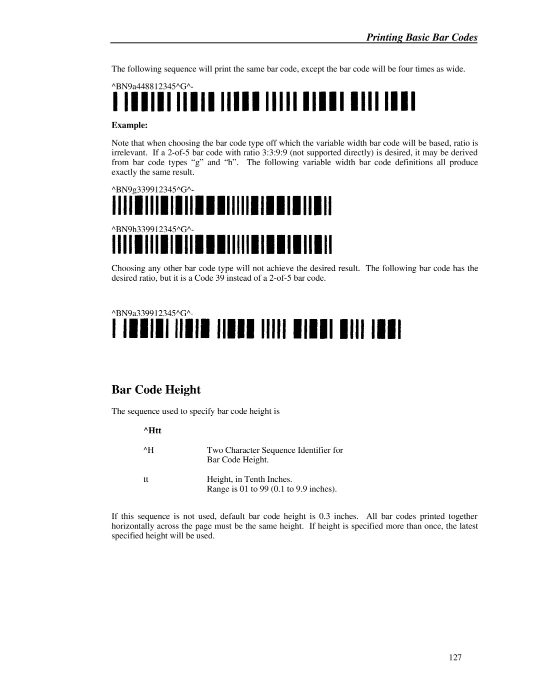 Printek 8000 manual Bar Code Height, Htt 