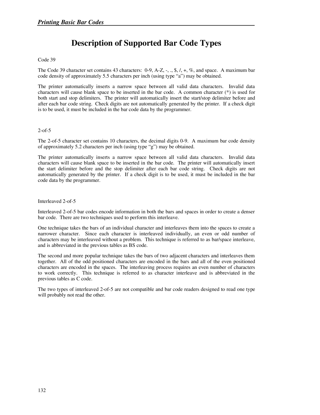 Printek 8000 manual Description of Supported Bar Code Types 