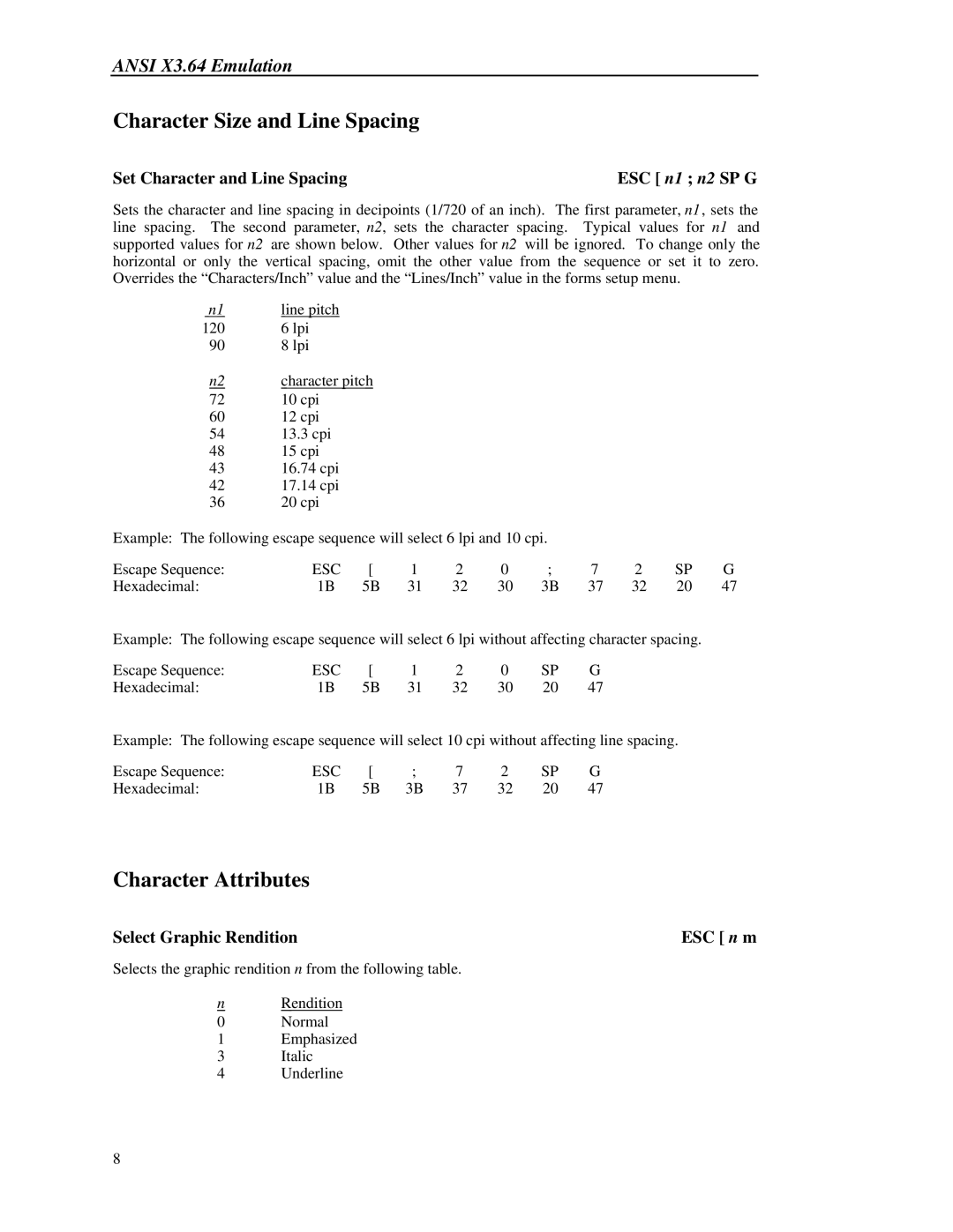 Printek 8000 manual Character Size and Line Spacing, Character Attributes, Set Character and Line Spacing 