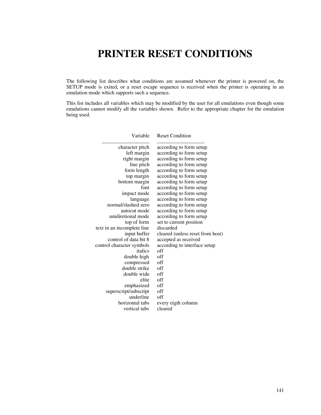 Printek 8000 manual Printer Reset Conditions 