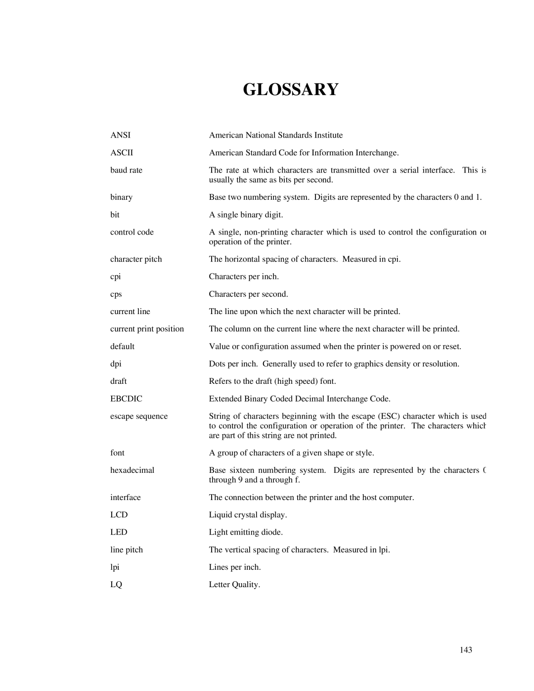 Printek 8000 manual Glossary, Ascii 