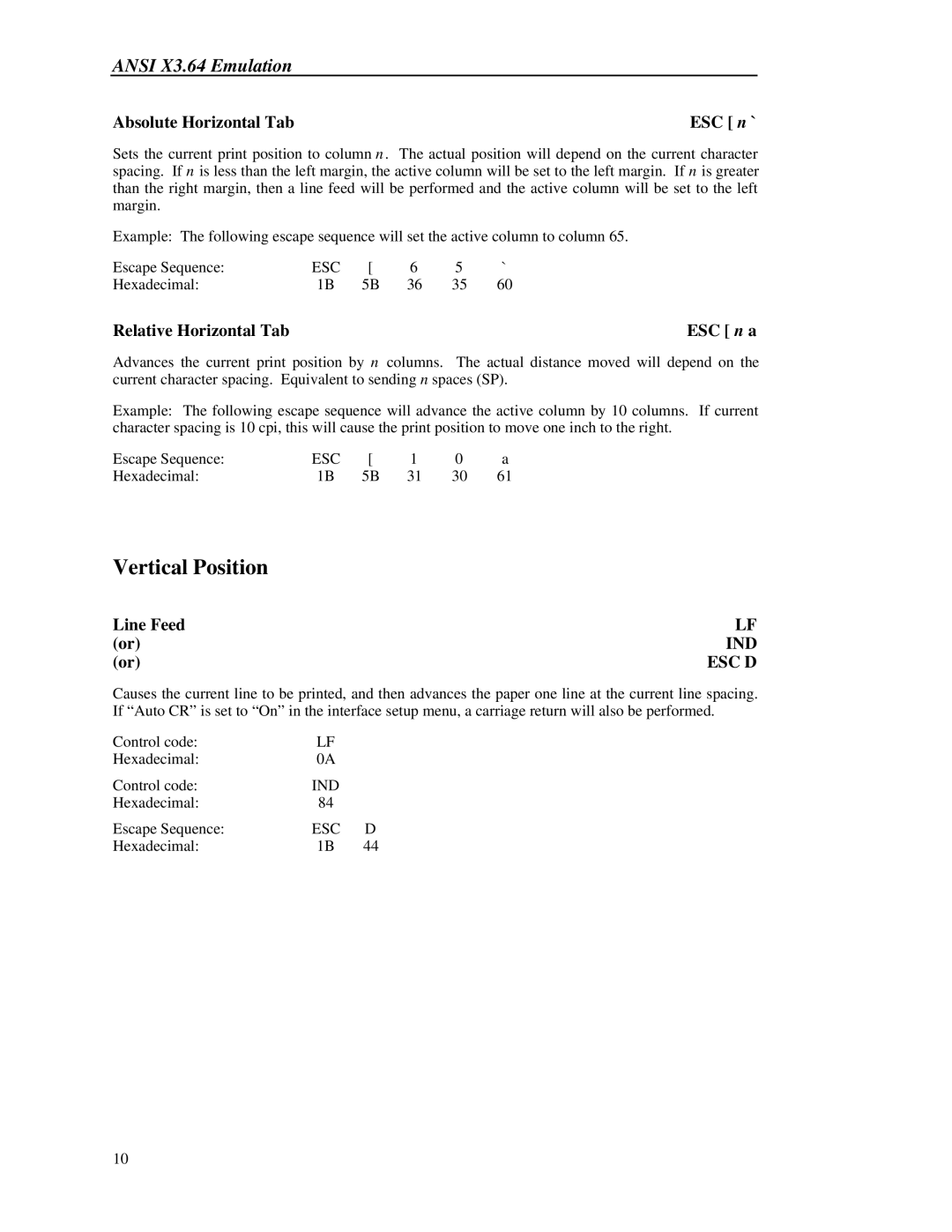 Printek 8000 manual Vertical Position, Absolute Horizontal Tab, Relative Horizontal Tab, Line Feed, Esc D 