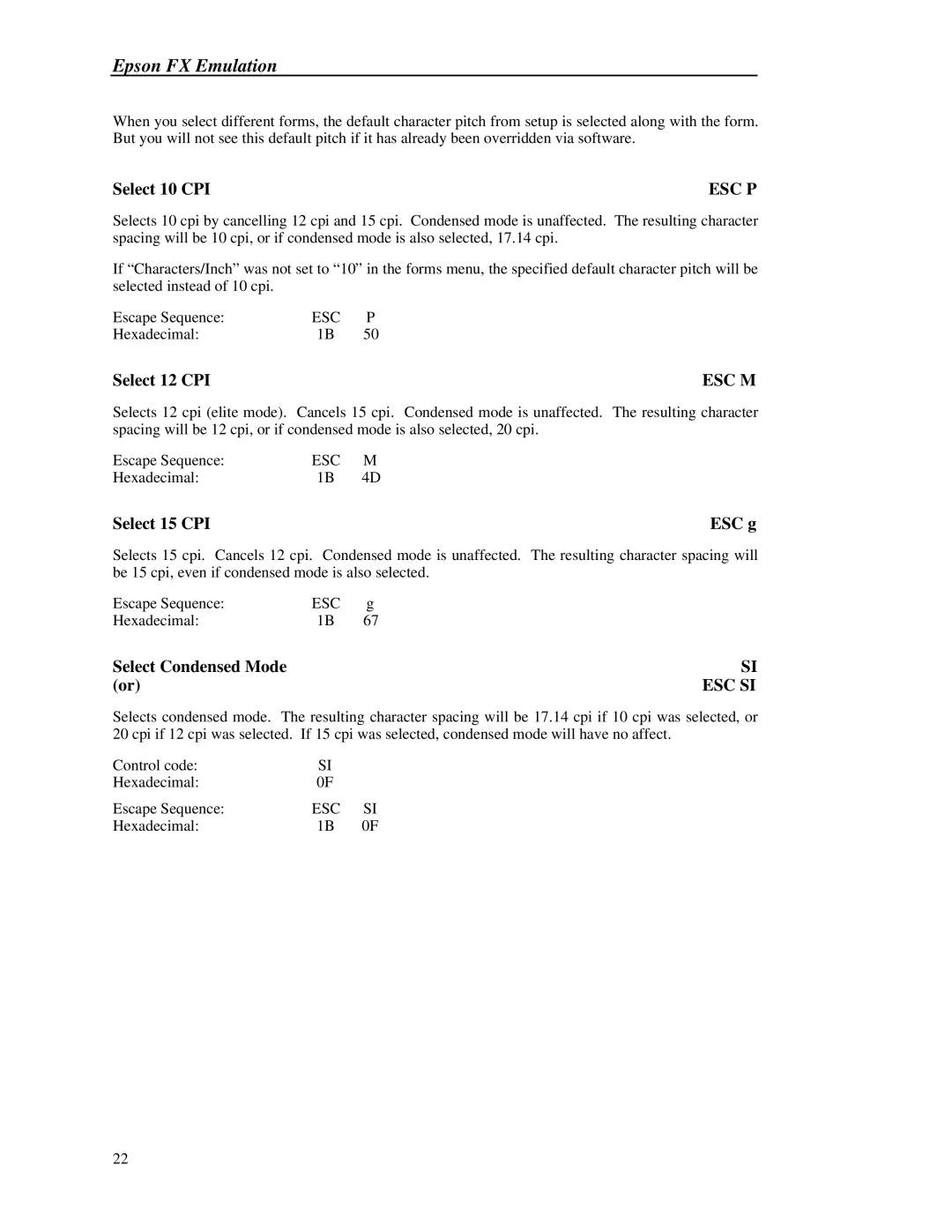 Printek 8000 manual Select 10 CPI, Select 12 CPI, Select 15 CPI, Select Condensed Mode 