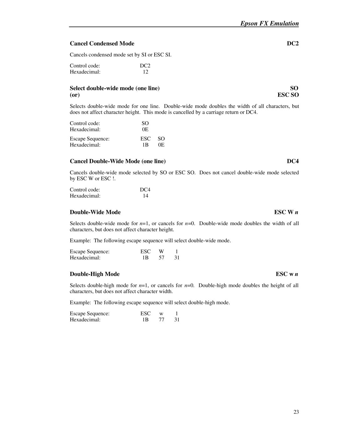 Printek 8000 Cancel Condensed Mode, Select double-wide mode one line, Cancel Double-Wide Mode one line, Double-High Mode 