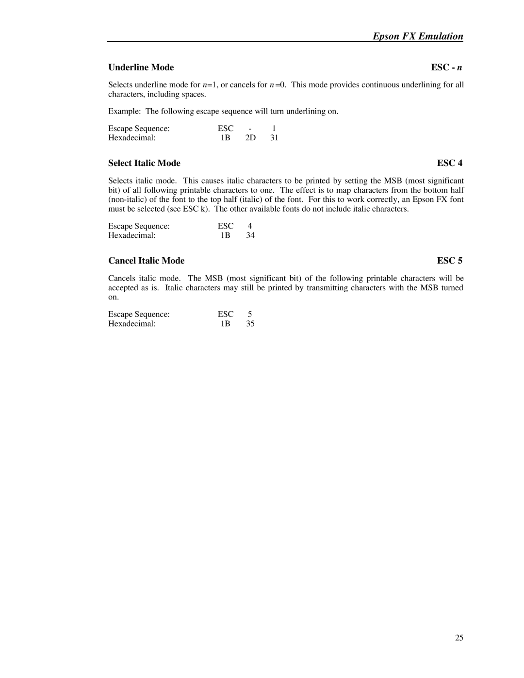 Printek 8000 manual Underline Mode, Select Italic Mode, Cancel Italic Mode, ESC n 