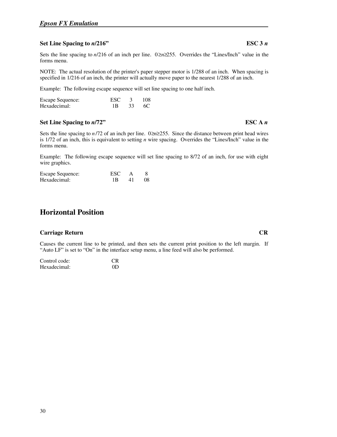 Printek 8000 manual Set Line Spacing to n/216, Set Line Spacing to n/72 ESC a n, ESC 3 n 