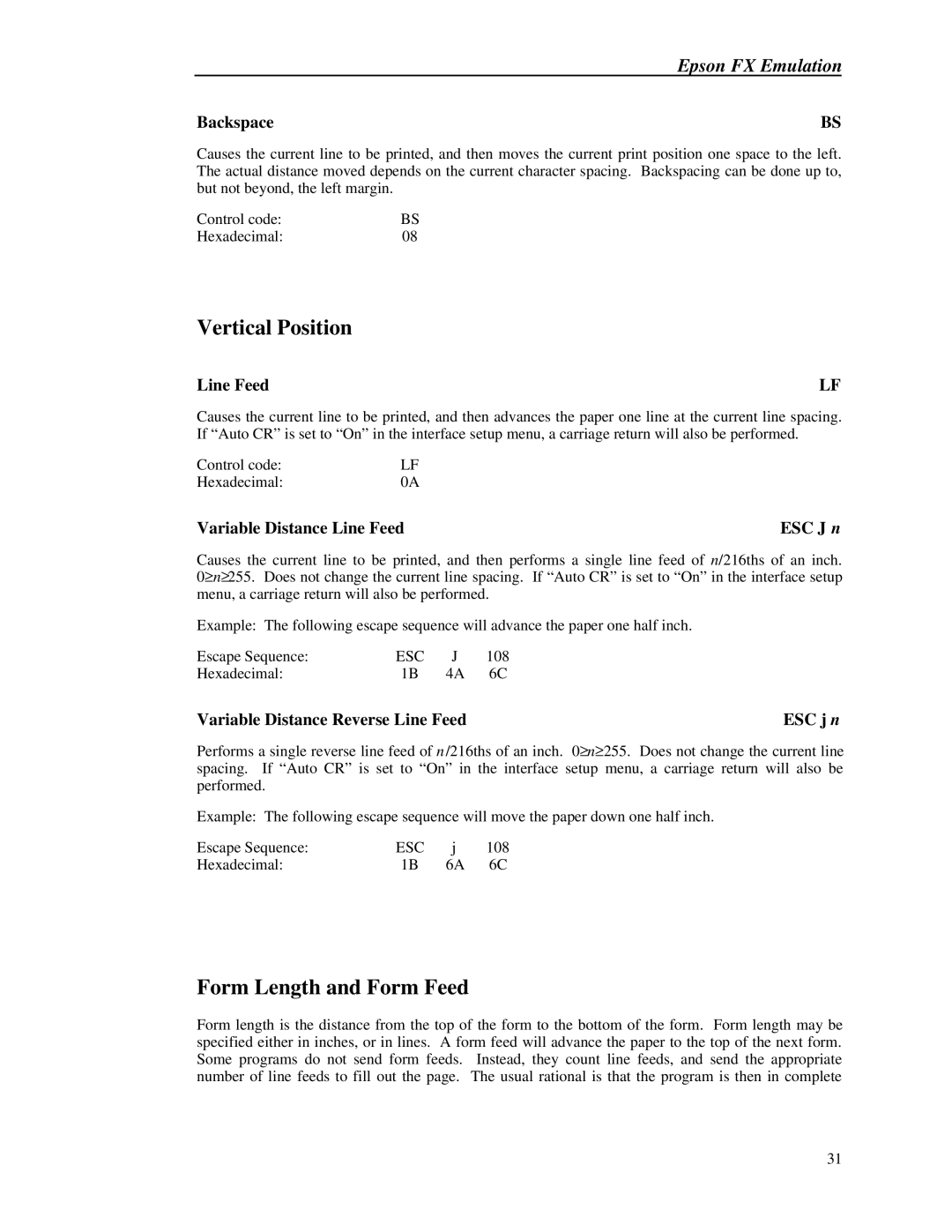 Printek 8000 manual Variable Distance Line Feed, ESC j n, ESC J n, Variable Distance Reverse Line Feed 