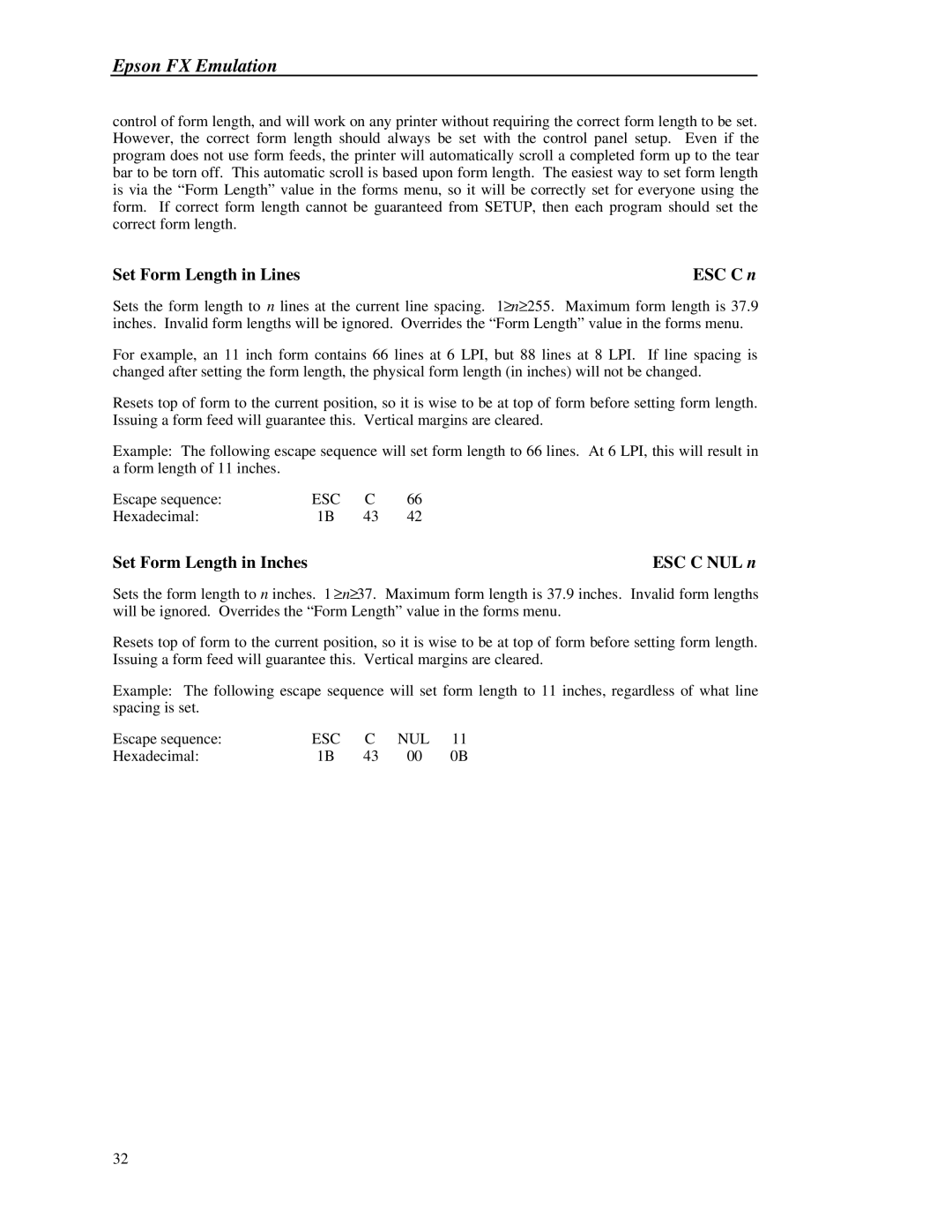 Printek 8000 manual Set Form Length in Lines, ESC C NUL n, ESC C n, Set Form Length in Inches 