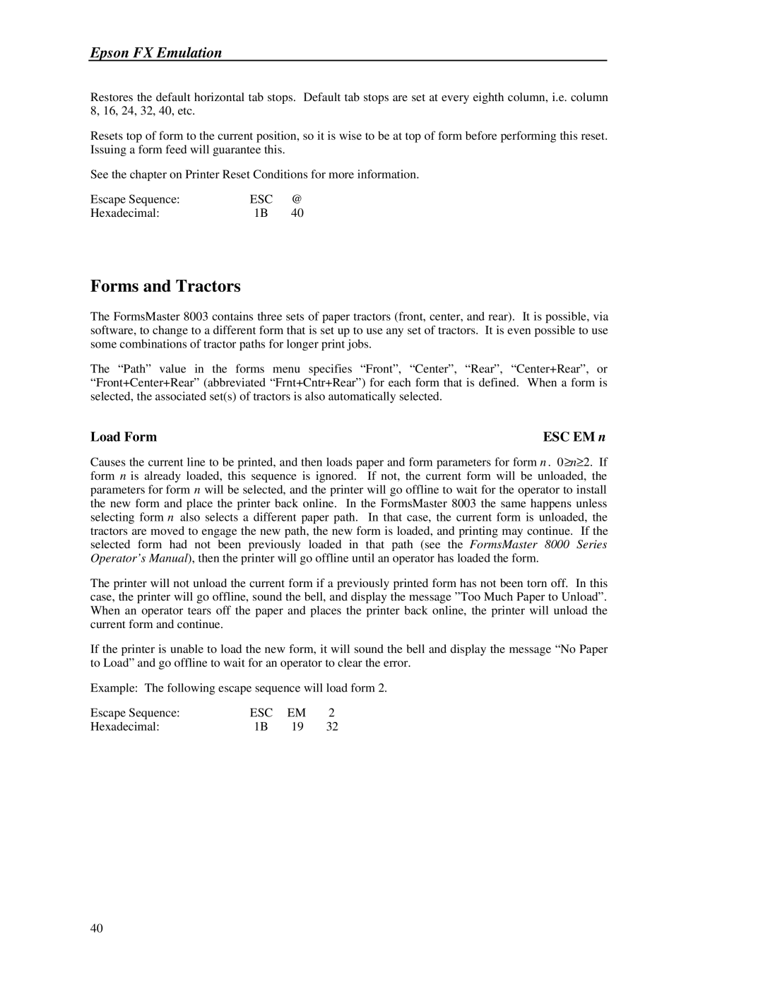 Printek 8000 manual Forms and Tractors, Load Form, ESC EM n 