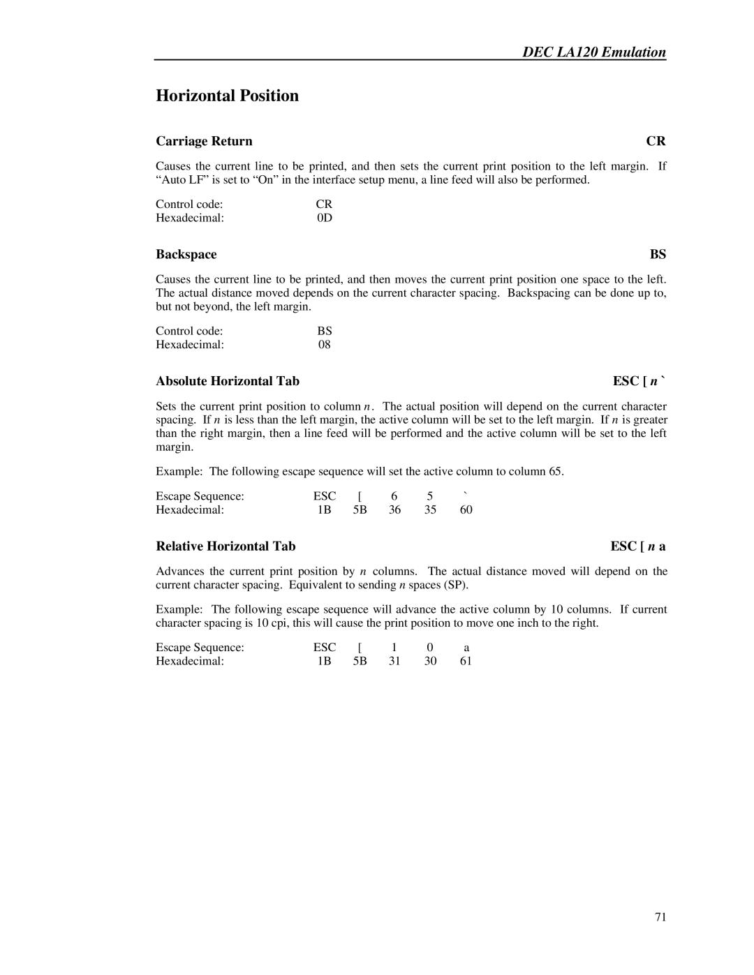 Printek 8000 manual Horizontal Position 