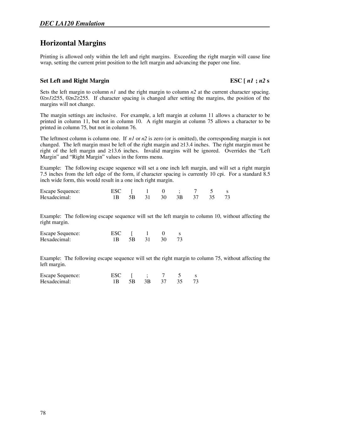 Printek 8000 manual Horizontal Margins, ESC n1 n2 s 