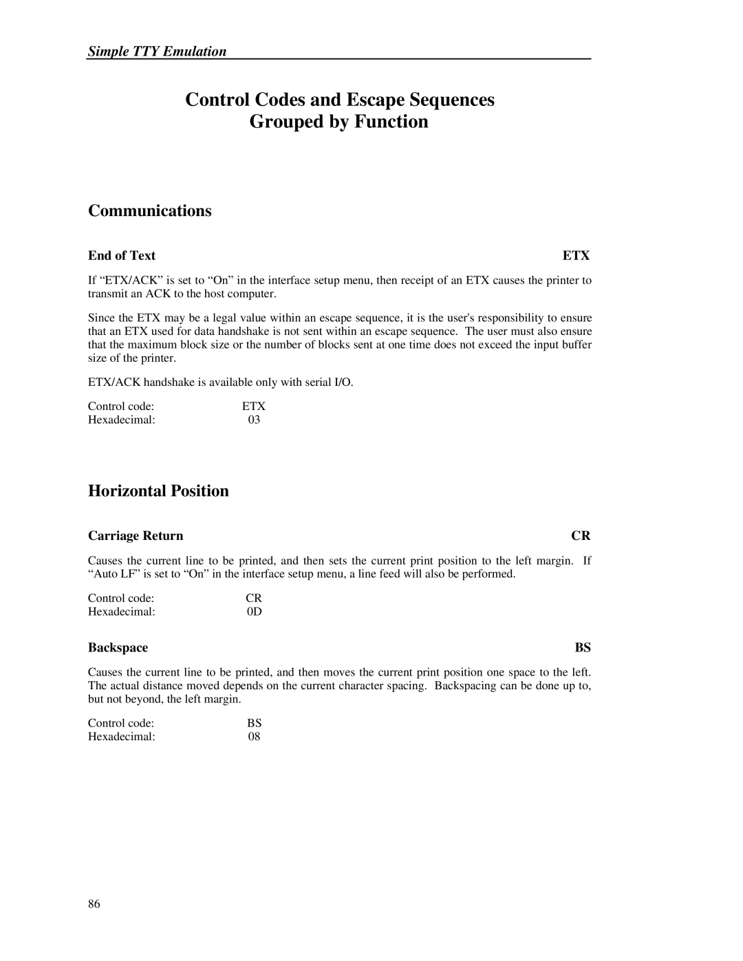 Printek 8000 manual Simple TTY Emulation 