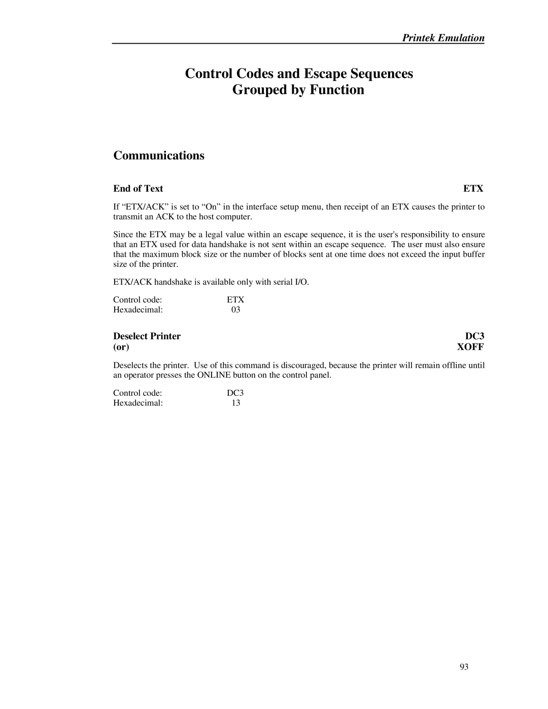 Printek 8000 manual Control Codes and Escape Sequences Grouped by Function 