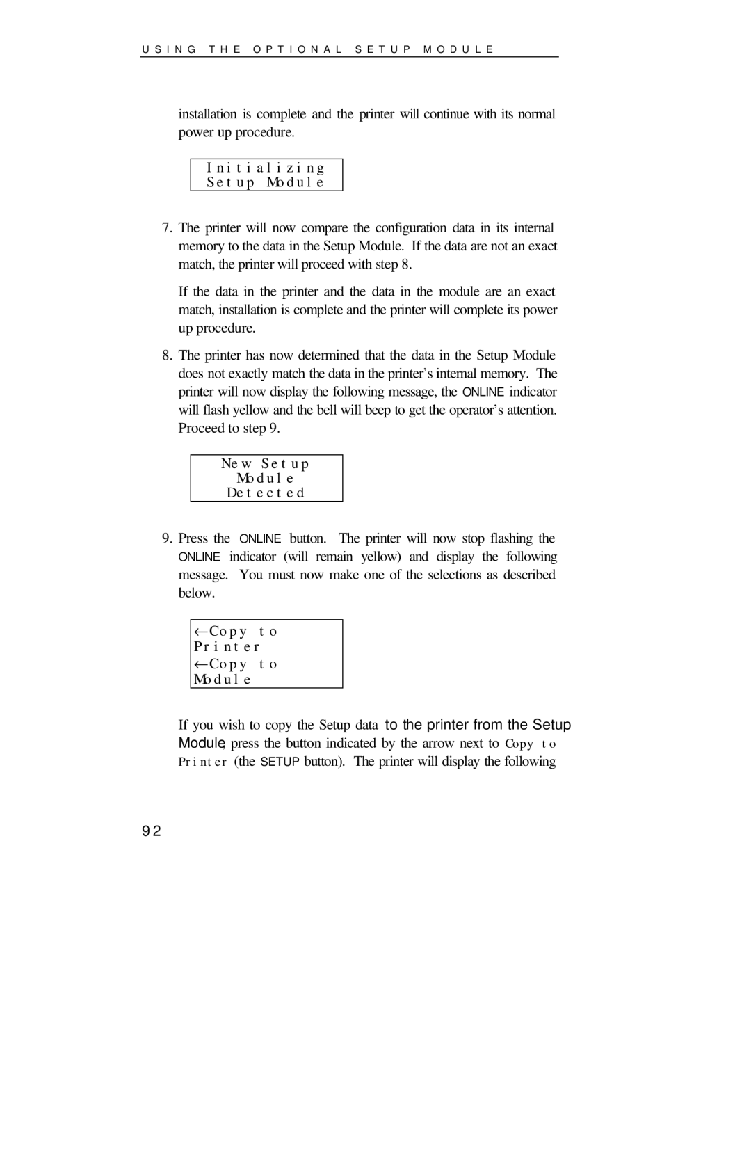 Printek 8000SE manual Initializing Setup Module, New Setup Module Detected, ←Copy to Printer ←Copy to Module 