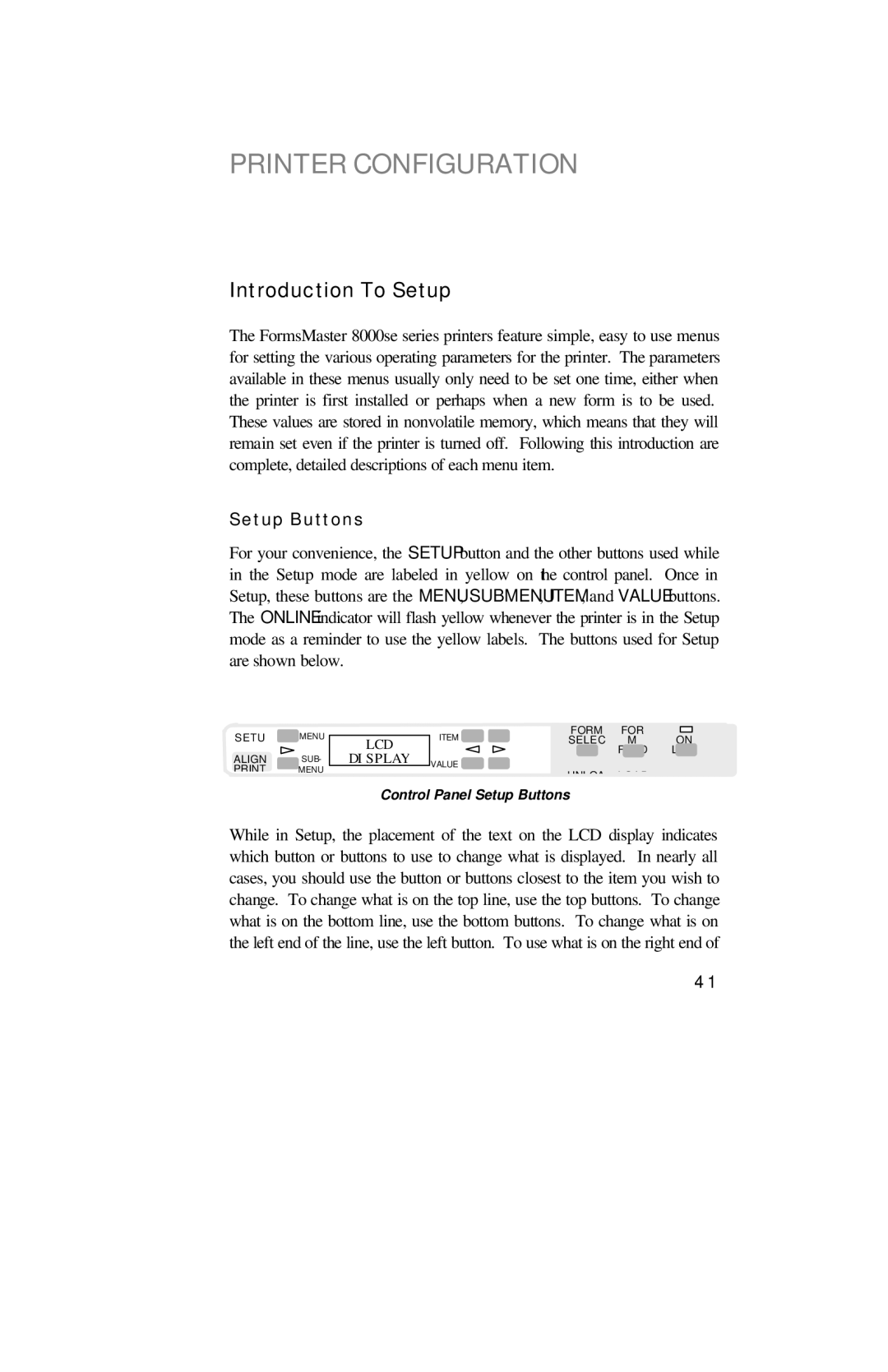 Printek 8000SE manual Printer Configuration, Introduction To Setup, Setup Buttons 