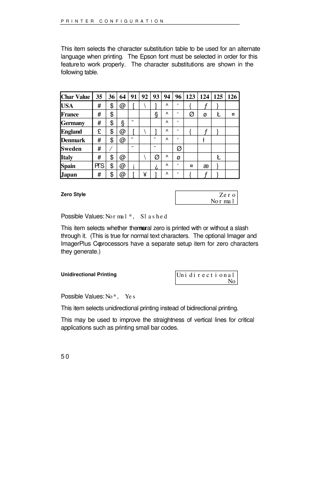 Printek 8000SE manual Possible Values Normal*, Slashed, Zero Normal, Possible Values No*, Yes, Unidirectional No 