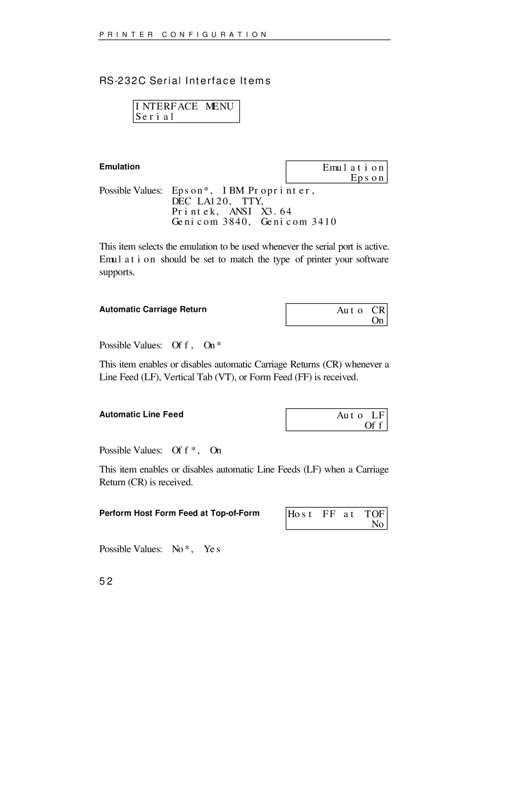 Printek 8000SE manual RS-232C Serial Interface Items, Emulation Epson, Auto CR On, Auto LF Off, Host FF at TOF No 