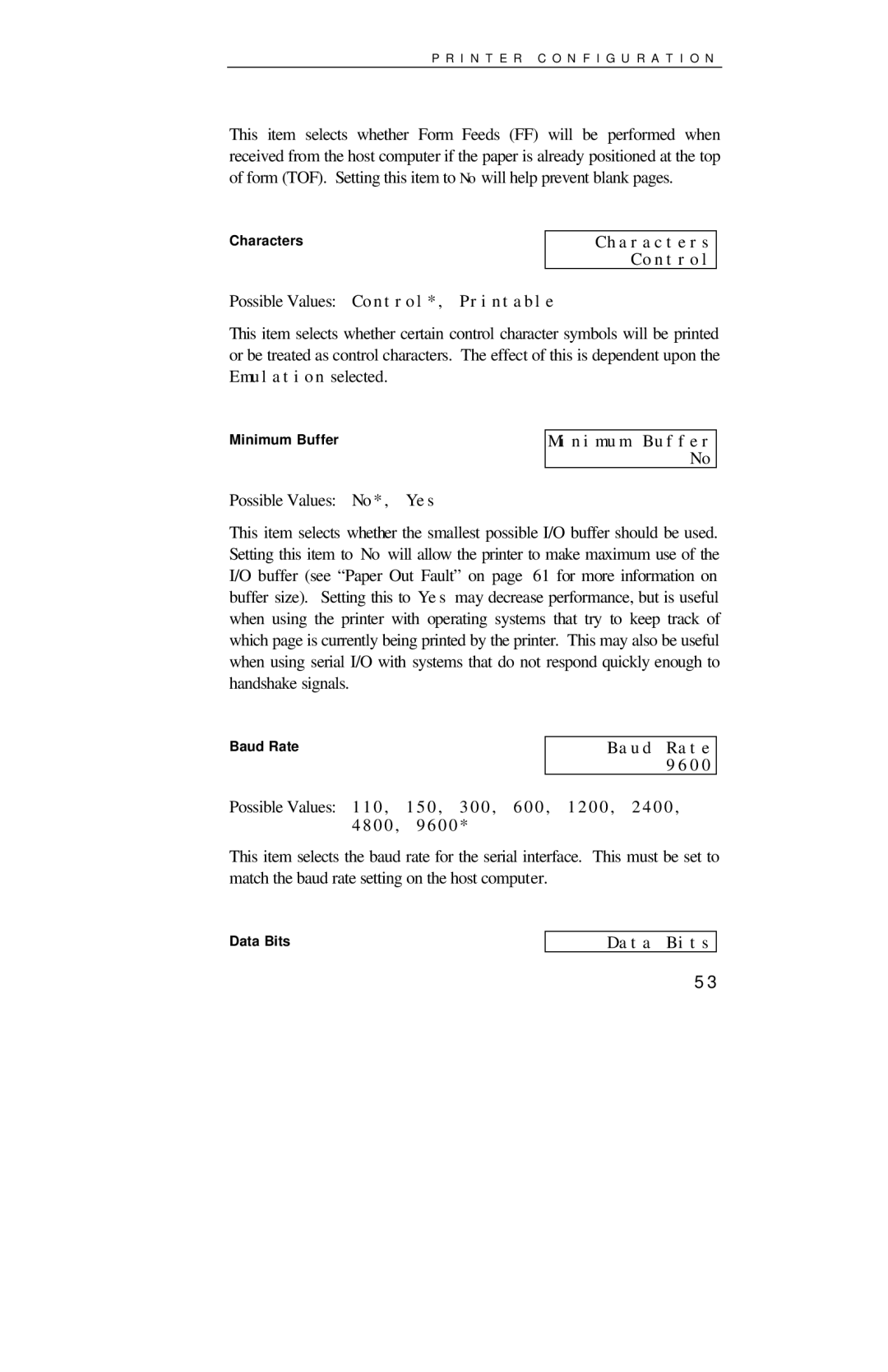 Printek 8000SE manual Characters Control, Minimum Buffer No, Baud Rate, Data Bits 