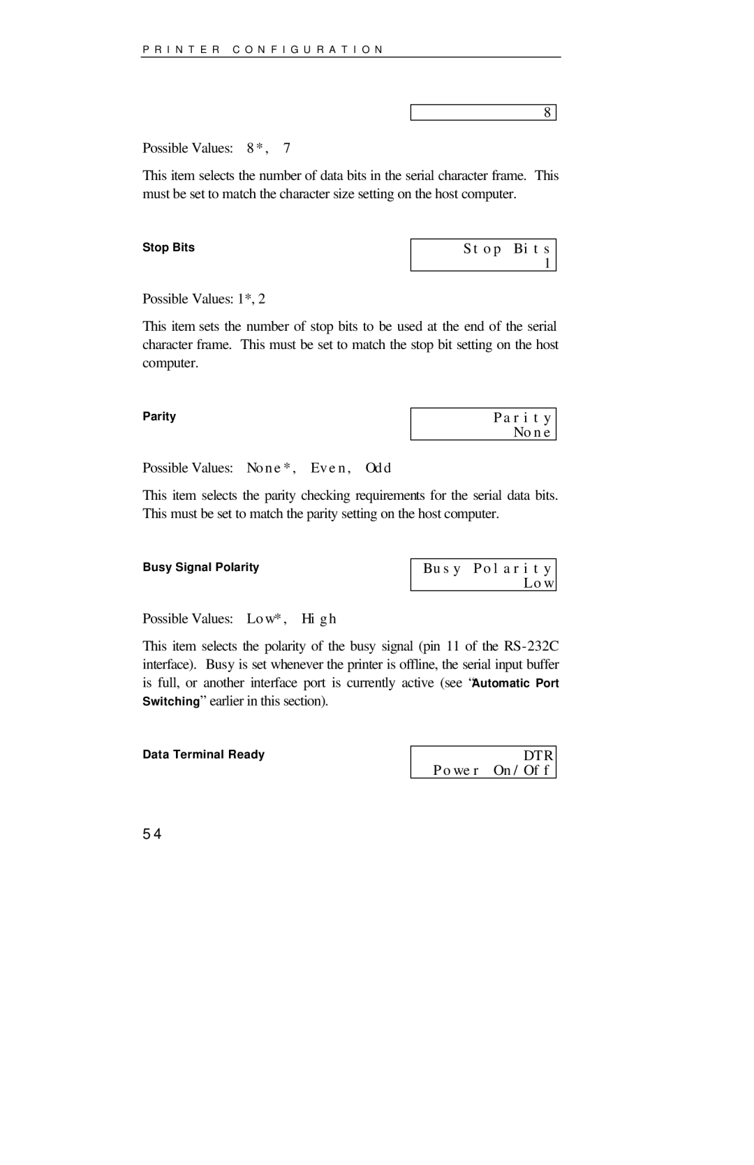 Printek 8000SE manual Stop Bits, Parity None, Busy Polarity Low, DTR Power On/Off 