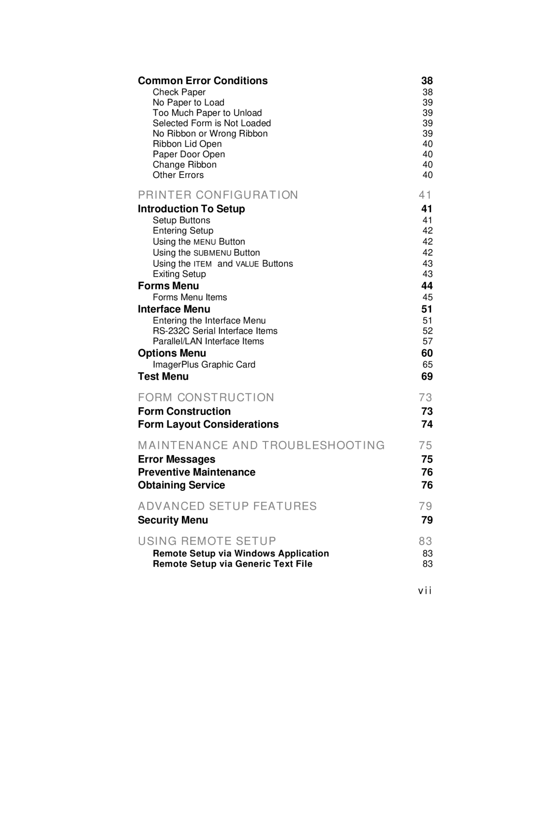 Printek 8000SE Common Error Conditions, Introduction To Setup, Forms Menu, Interface Menu, Options Menu, Test Menu, Vii 