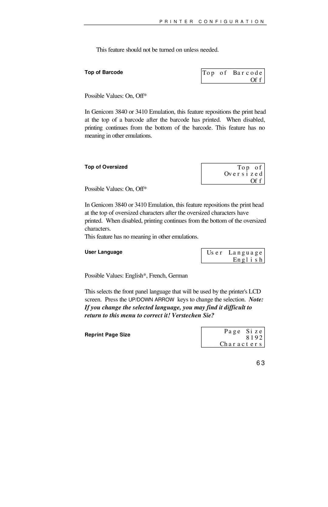 Printek 8000SE manual Top of Barcode Off, Top Oversized Off, User Language English, Size 8192 Characters 