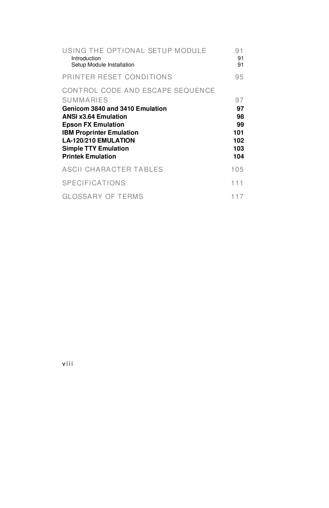 Printek 8000SE manual 102, Simple TTY Emulation 103 Printek Emulation 104, Viii 