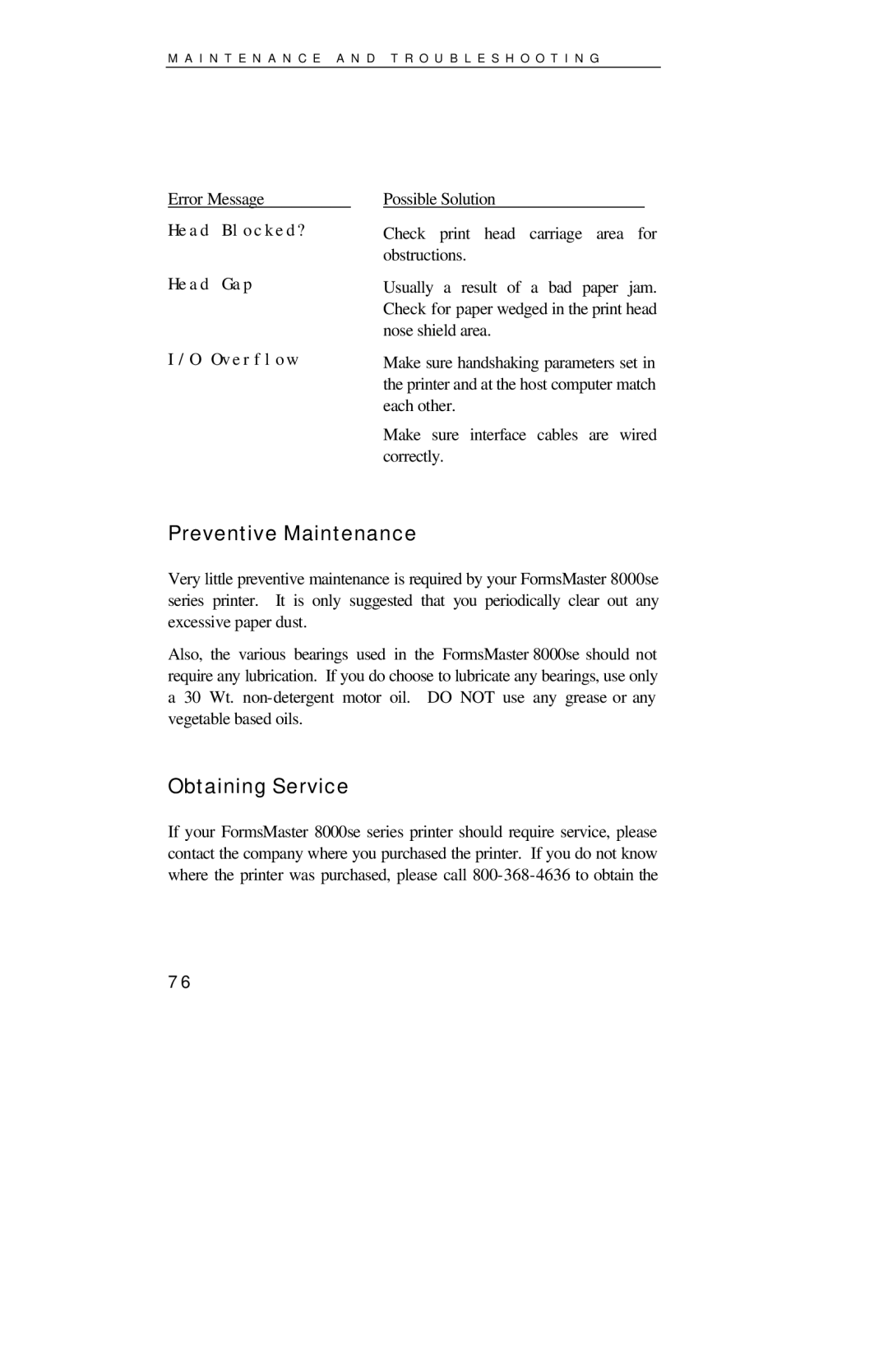 Printek 8000SE manual Preventive Maintenance, Obtaining Service, Error Message 