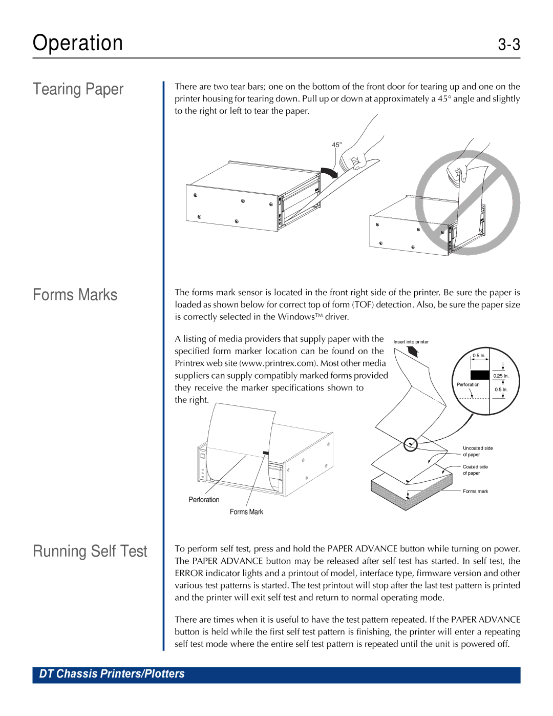 Printek 810, 820G, 840DL/G, 820DL/G manual Tearing Paper Forms Marks, Running Self Test 