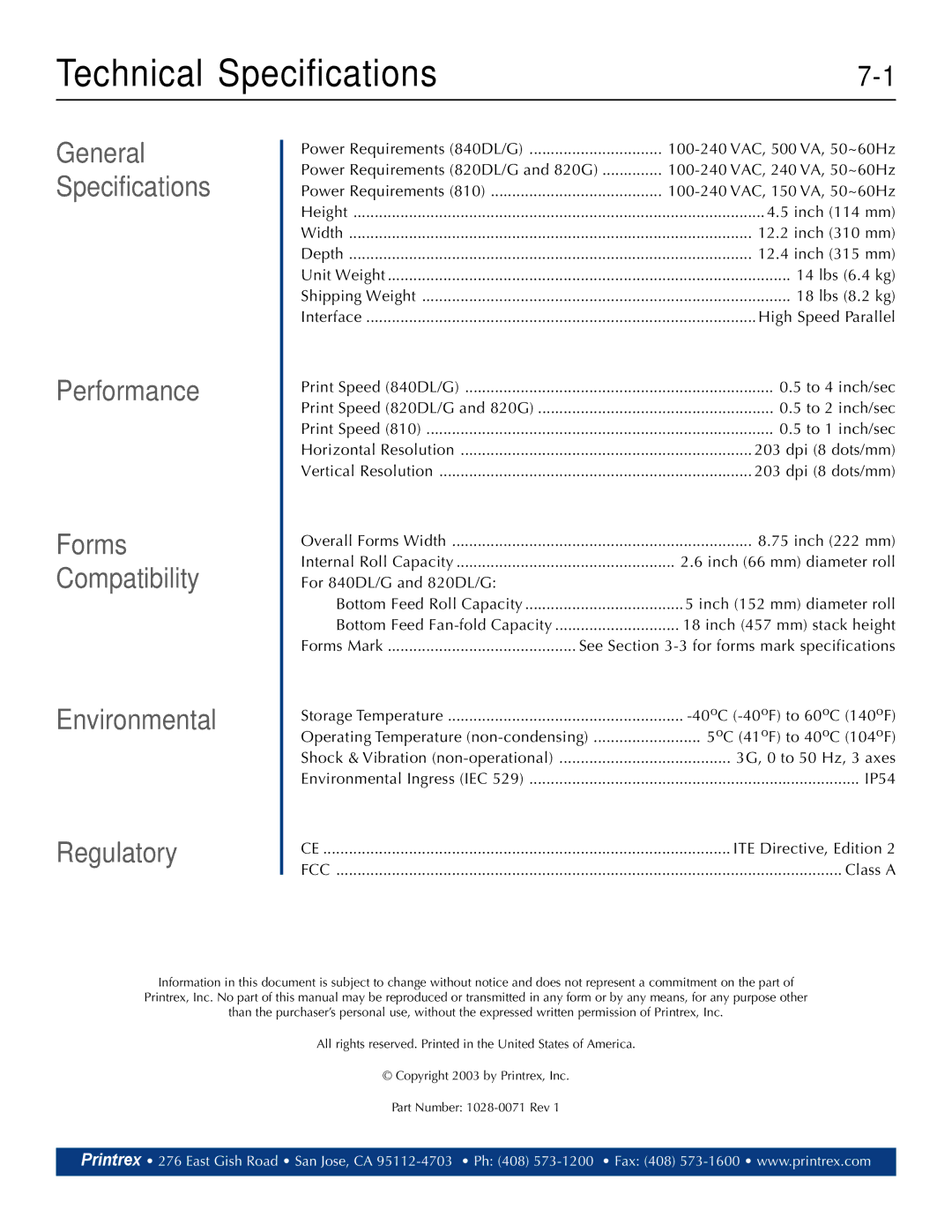 Printek 810, 820G, 840DL/G, 820DL/G Technical Specifications, General Specifications Performance, Environmental Regulatory 