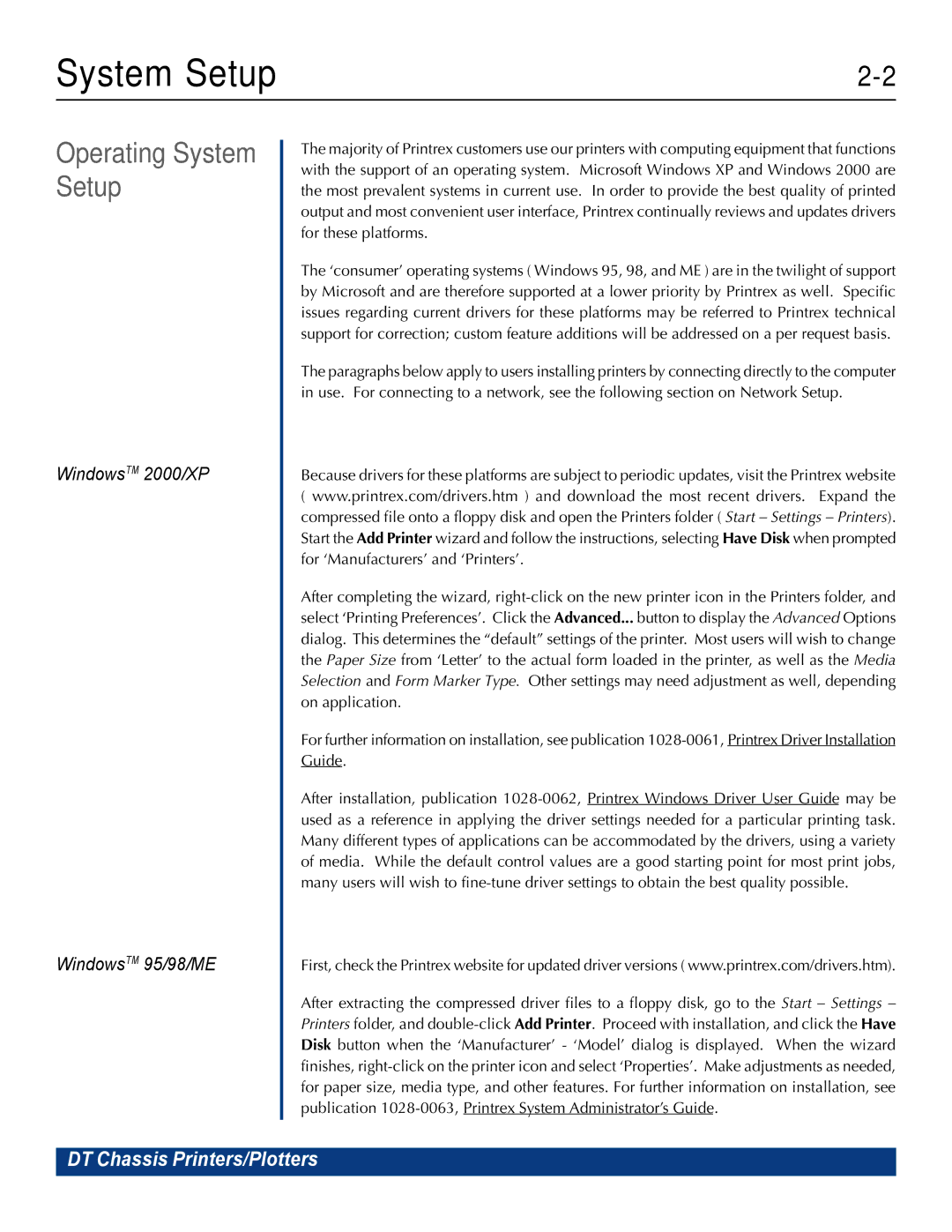 Printek 810, 820G, 840DL/G, 820DL/G manual Operating System Setup, WindowsTM 2000/XP WindowsTM 95/98/ME 