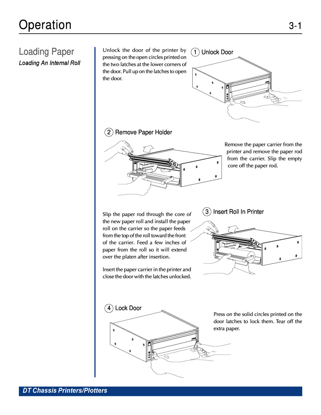 Printek 840DL/G Operation, Loading Paper, Loading An Internal Roll, Remove Paper Holder, Insert Roll In Printer, Lock Door 