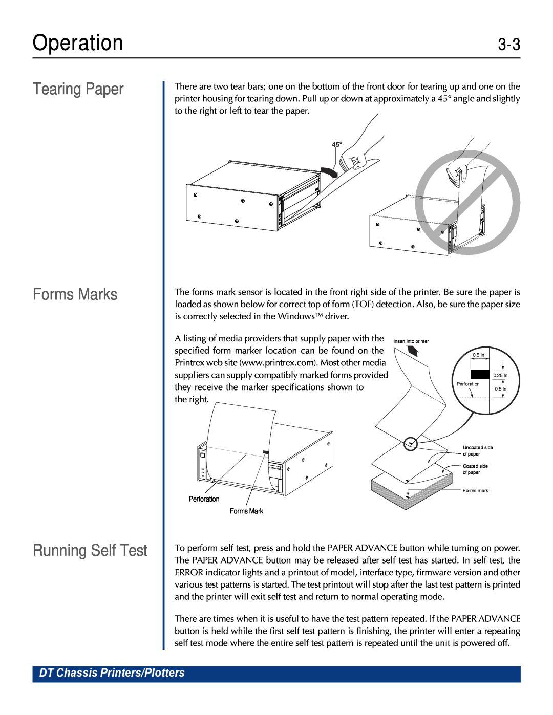 Printek 810, 820G, 840DL/G, 820DL/G Tearing Paper Forms Marks, Running Self Test, Operation, DT Chassis Printers/Plotters 