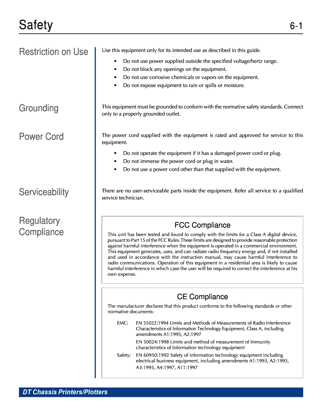 Printek 820DL/G, 810, 820G Safety, Restriction on Use Grounding Power Cord Serviceability Regulatory, FCC Compliance 