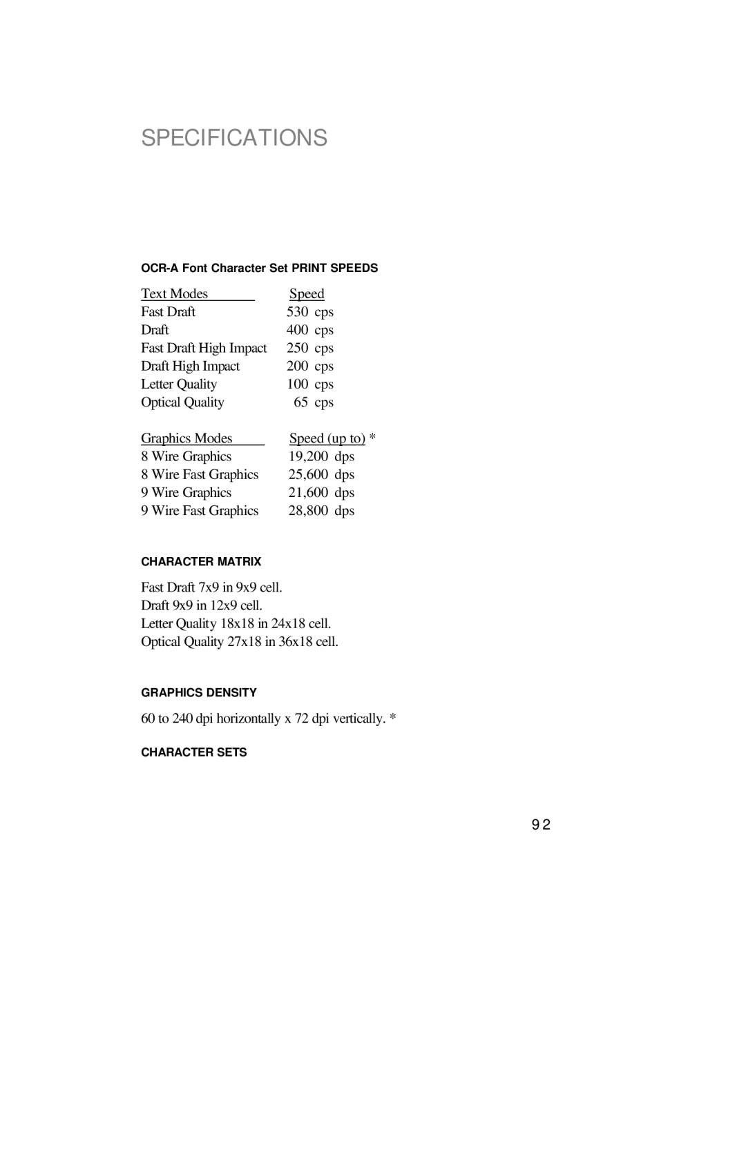 Printek 850 Series manual Specifications, 60 to 240 dpi horizontally x 72 dpi vertically 