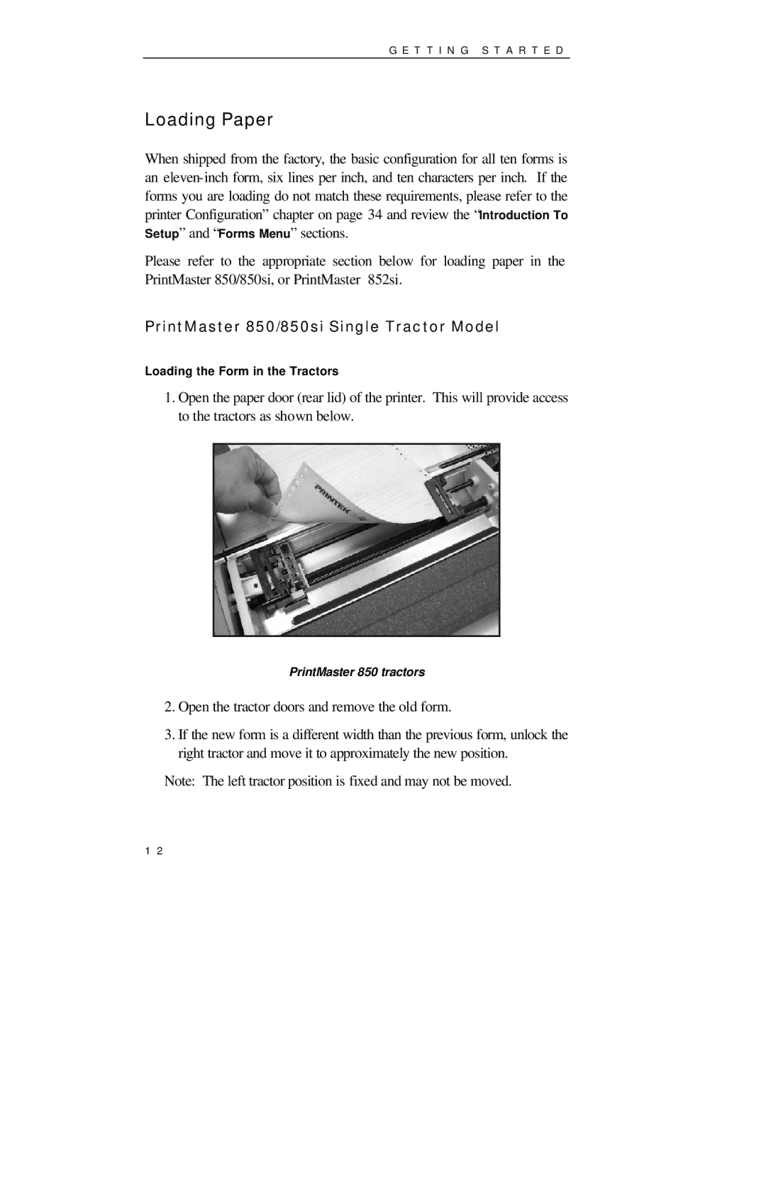 Printek 850 Series manual Loading Paper, PrintMaster 850/850si Single Tractor Model 