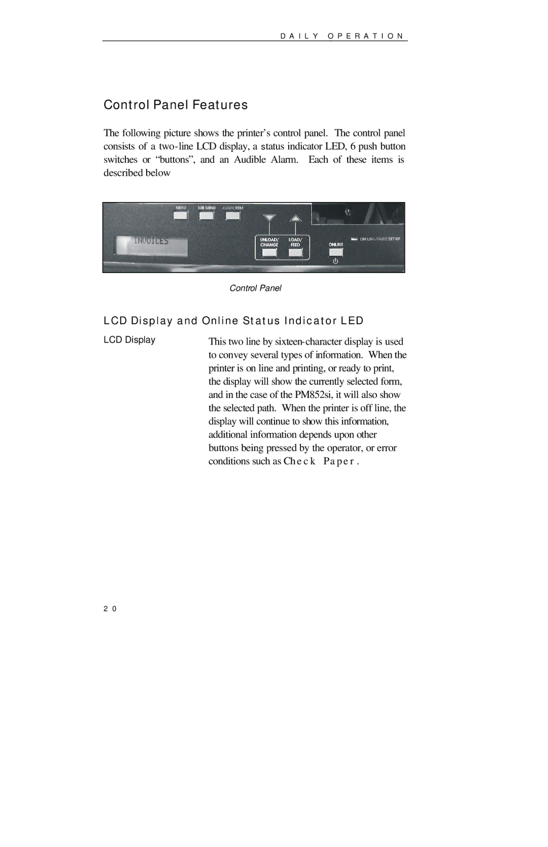 Printek 850 Series manual Control Panel Features, LCD Display and Online Status Indicator LED 