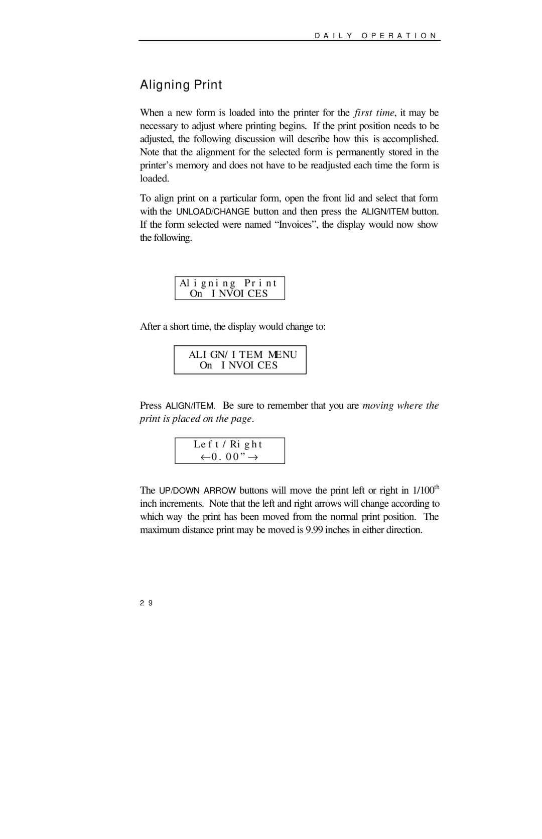 Printek 850 Series manual Aligning Print On Invoices, Left/Right ←0.00→ 