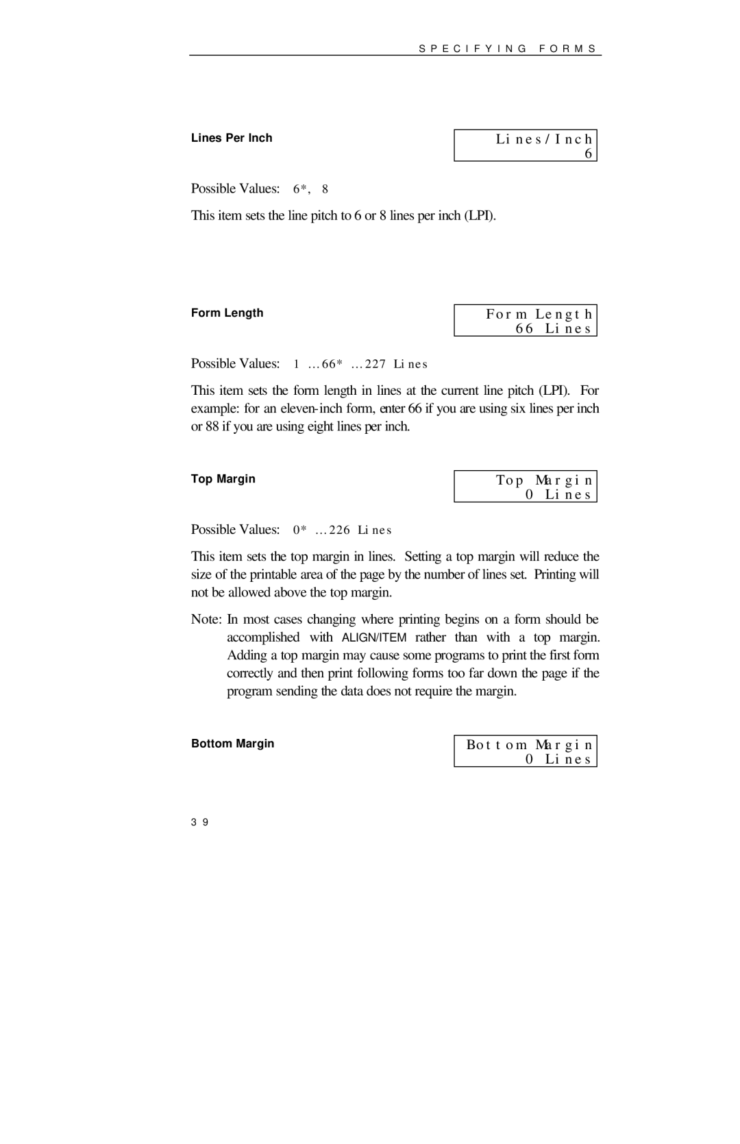 Printek 850 Series manual Lines/Inch, Form Length 66 Lines, Top Margin 0 Lines, Bottom Margin 0 Lines 