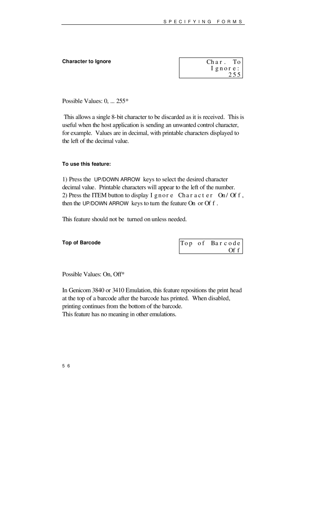 Printek 850 Series manual Char. To Ignore 255, Top of Barcode Off 