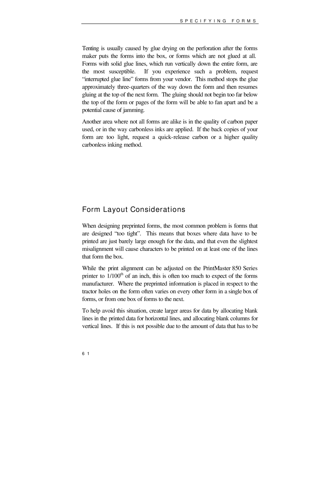 Printek 850 Series manual Form Layout Considerations 