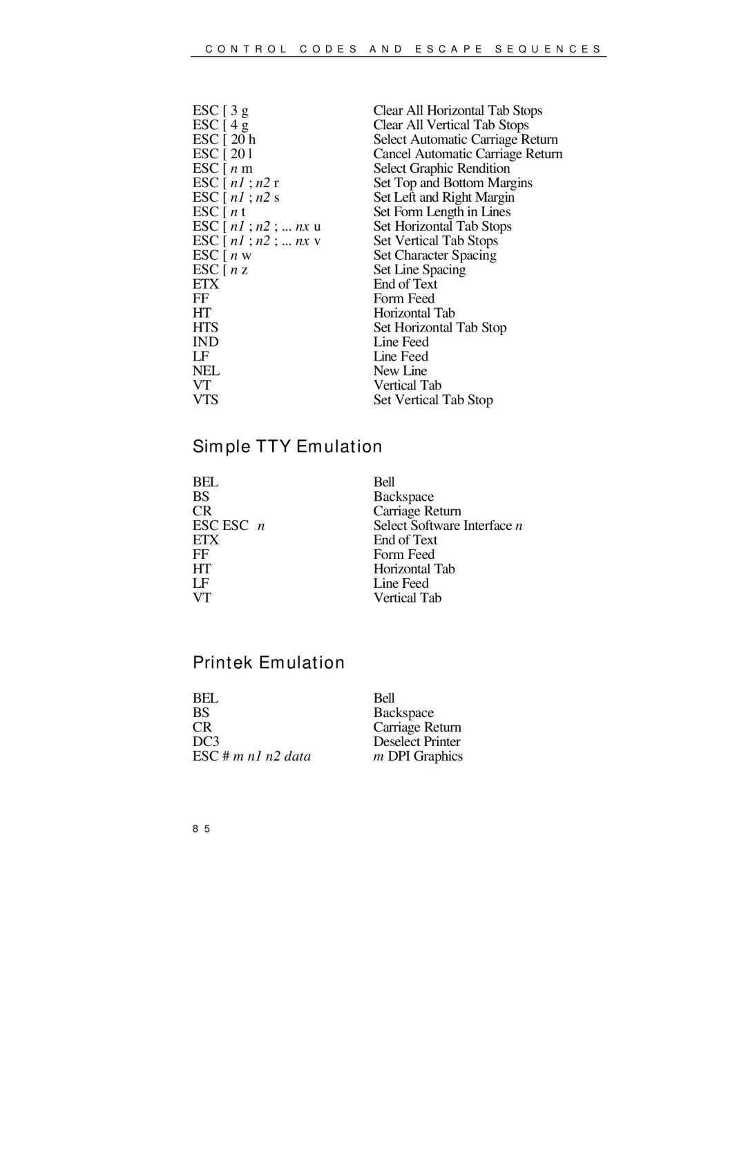 Printek 850 Series manual Simple TTY Emulation, Printek Emulation 