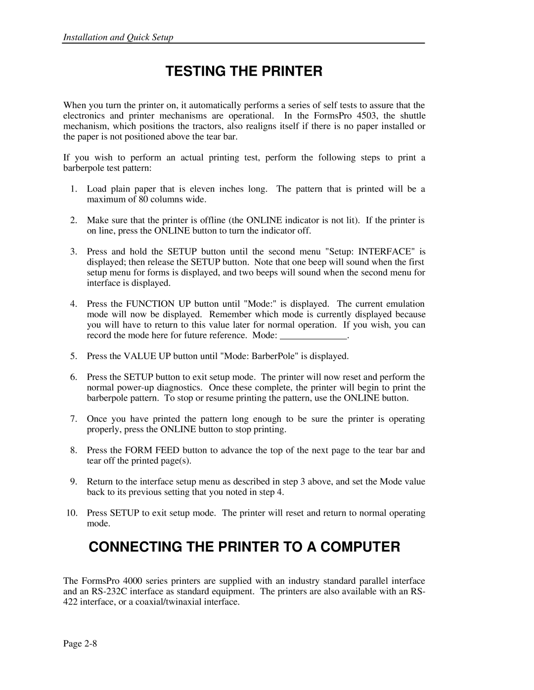 Printek FormsPro 4300, 4500, 4503 operation manual Testing the Printer, Connecting the Printer to a Computer 